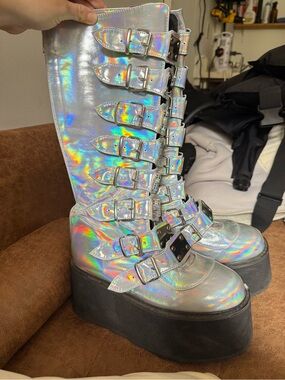 Demonia Holographic Platform Buckle Boots